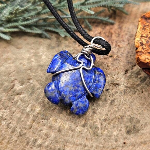 Nature Lapis Lazuli Carved Cute Turtle Wire Wrapped Pendant Necklace - Picture 6 of 10